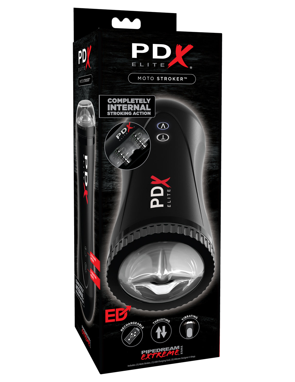 PDX Elite Moto Stroker Thrusting Masturbator Black packaging featuring advanced stroking action and vibration options.