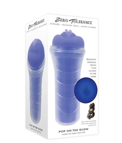 Zero Tolerance Pop On The Glow Pussy Stroker Purple packaging featuring realistic vaginal entry and glow-in-the-dark design.