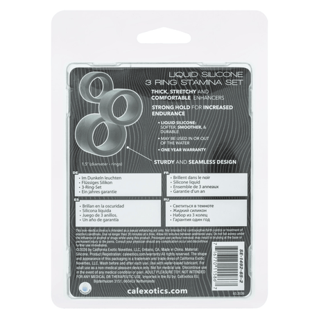 Alpha Liquid Silicone 3 Ring Stamina Set Black packaging with product details and features