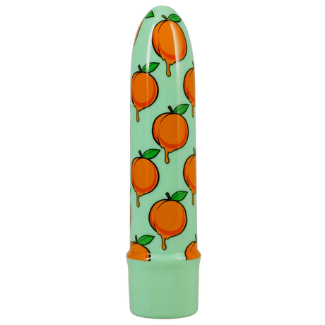 Goodhead Buzz Buddies 5 Inch Muti-Speed Vibe Peaches with orange design on a mint green background.