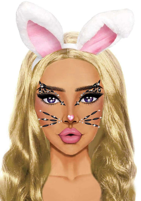 Leg Avenue Animal Rhinestone Stick-on Jewels enhancing a costume with playful rabbit ears and sparkling face jewels.