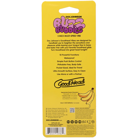 Goodhead Buzz Buddies 5 Inch Multi-Speed Banana Vibe packaging details, featuring vibrant yellow design and product features.