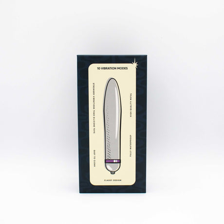 Like A Kitten Fly Me to the Moon Metal Vibrator packaging showcasing 10 vibration modes and sleek design.