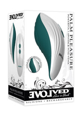 Evolved Palm Pleasure Teal Rechargeable Vibrator package featuring 7 powerful speeds and functions for maximum pleasure.