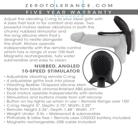 Zero Tolerance Mr Tickler Vibrating Cock Ring Black with adjustable girths and dual motors for targeted pleasure.