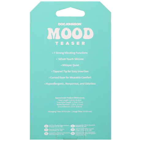Mood Teaser Vibrating Micro Plug Lavender product features including 7 vibrating functions and velvet-touch silicone.