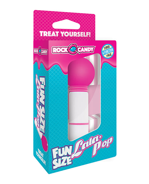 Rock Candy Fun Size Lala Pop Mini Wand Vibrator Pink packaging displaying vibrant colors and playful design.