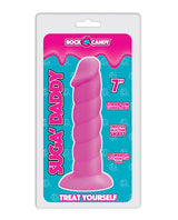 Rock Candy Suga Daddy 7 inch Silicone Dildo Pink packaging featuring a twisted design and suction cup base.