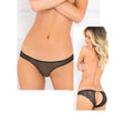 Rene Rofe Pure NV Crotchless Panty Black M L displayed on model, showcasing daring hipster style and floral lace.