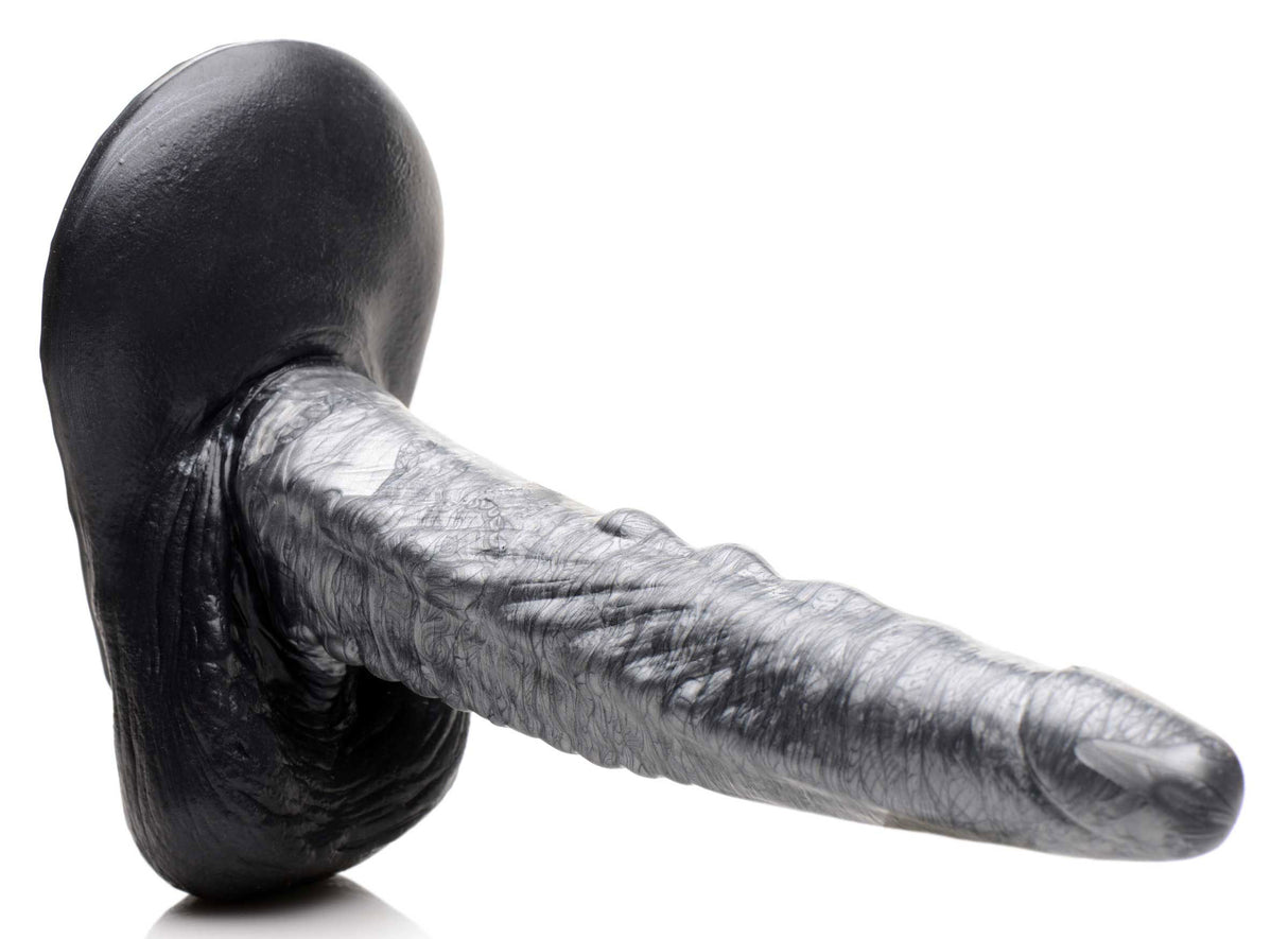 The Gargoyle Rock Hard Silicone Dildo Silver featuring textured ridges and a flanged base for versatile play.