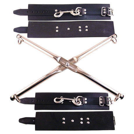Rouge Rod Hogtie with Leather Wrist and Ankle Cuffs, featuring an X-shaped rod and leather cuffs for bondage play.