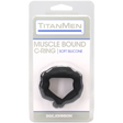 Titanmen Muscle Bound Cock Ring 32mm Black in packaging by Doc Johnson, showcasing its soft silicone design.