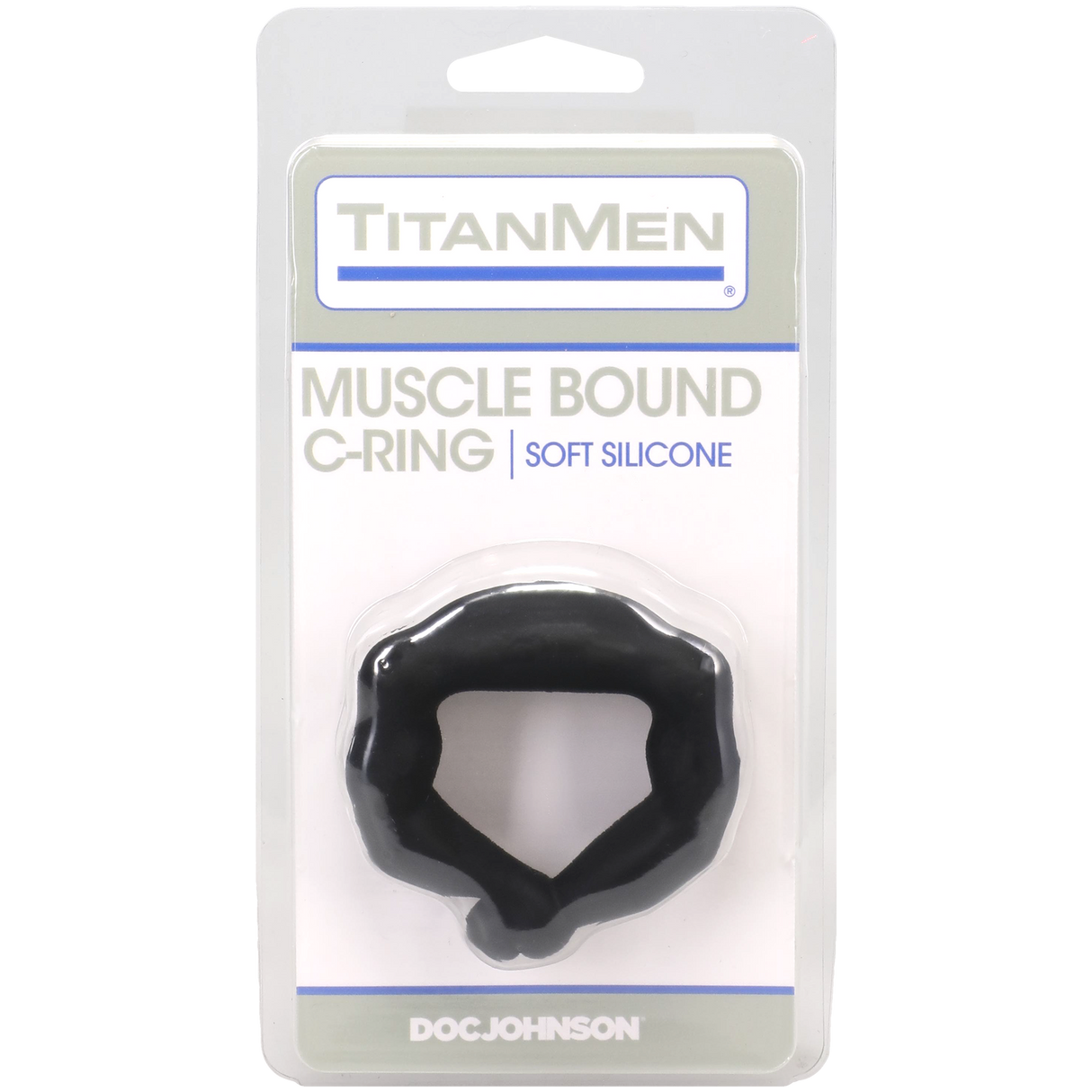Titanmen Muscle Bound Cock Ring 32mm Black in packaging by Doc Johnson, showcasing its soft silicone design.