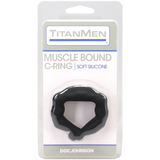 Titanmen Muscle Bound Cock Ring 32mm Black in packaging by Doc Johnson, showcasing its soft silicone design.