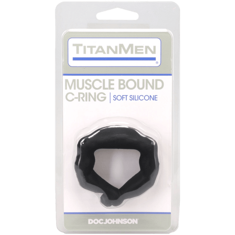 Titanmen Muscle Bound Cock Ring 32mm Black in packaging by Doc Johnson, showcasing its soft silicone design.