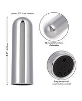 Turbo Buzz 10 Function Bullet Stimulator Silver showing features and dimensions with 10 powerful vibration functions.