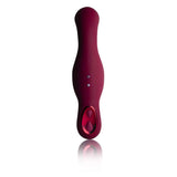 Rocks Off Ruby Glow Dusk 10 Speed Ride On Vibrator in a sleek, deep red design, showcasing its ergonomic shape and control buttons.
