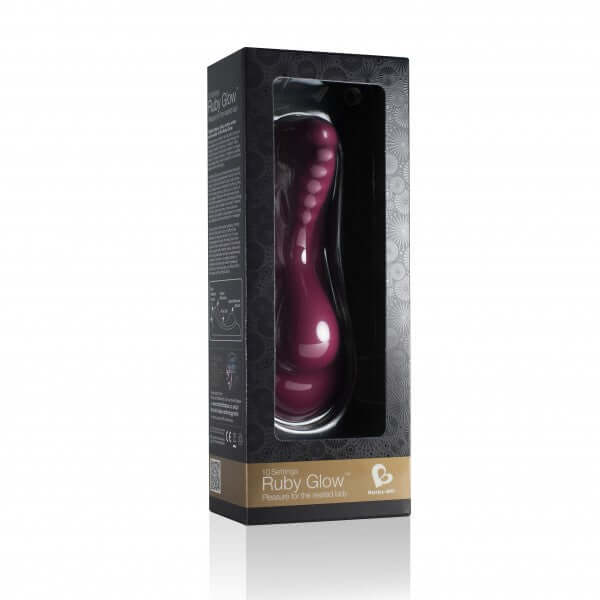 Rocks Off Ruby Glow Dusk 10 Speed Ride On Vibrator packaged in a stylish box highlighting its features.