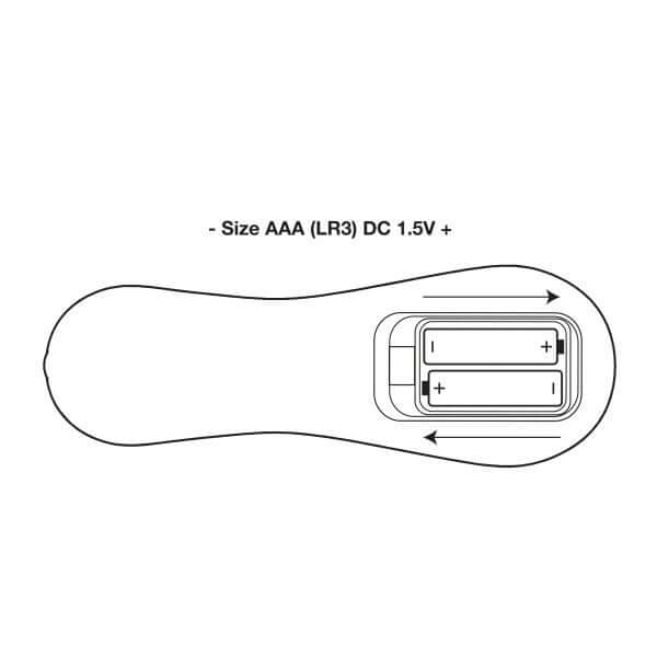 Illustration of battery compartment for Rocks Off Ruby Glow Dusk 10 Speed Ride On Vibrator showing size AAA battery orientation.