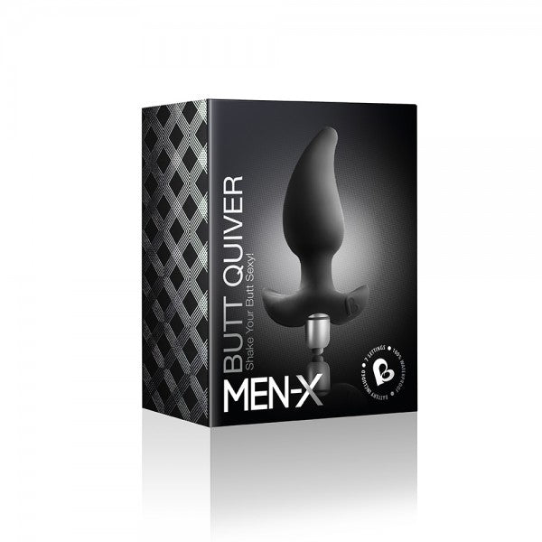 Rocks Off Butt Quiver Black Vibrating Butt Plug packaging featuring a smooth design, perfect for confident anal exploration.