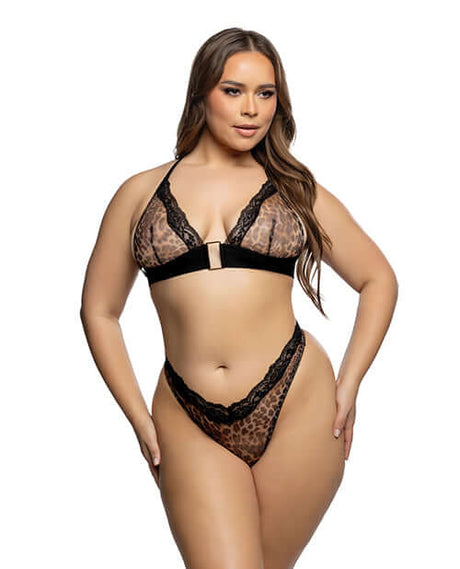 Corporate Crush Mesh & Lace Bralette with Thong Set Leopard 1X 2X modeled by a curvy model showcasing the sophisticated lingerie design.