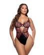 Floral Lace Underwire Cut Out Teddy Black and Wine 2X showcased on a model, combining floral lace with sleek satin for a bold look.
