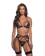 Roma Confidential Bra Thong and Garter Set Black Gold Large showcasing bold, glamorous lingerie with leopard design.