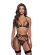 Roma Confidential Bra Thong and Garter Set Black Gold Large showcasing bold, glamorous lingerie with leopard design.