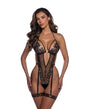 Lace and Mesh Teddy with Garter Straps Black Gold Small showcasing bold lace and mesh design.