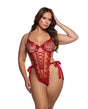 Ravishing Rouge Lace Up Teddy Red 1X showcasing bold romantic lace detail and a flattering silhouette.