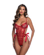 Roma Confidential Ravishing Rouge Lace Up Teddy Red Small model wearing bold red lingerie with intricate lace details and bow accents.