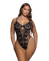 Floral Lace and Mesh Crisscross Teddy Black 2X featuring embroidery and supportive underwire cups.