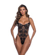 Roma Confidential Floral Lace and Mesh Teddy Black Small featuring floral lace and mesh design, crisscross detail, and demi cups.