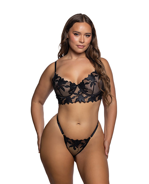 Intricate Floral Lace Underwire Bra and Panty Set Black 1X displayed on a model showcasing its elegant design.