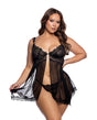 Roma Confidential Lace and Mesh Open Front Babydoll Black featuring plunge cups and sheer mesh skirt