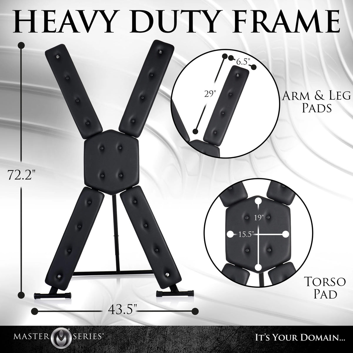 Master Series St Andrew's Cross Deluxe Black heavy duty frame with padded support and dimensions for play space.