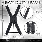 Master Series St Andrew's Cross Deluxe Black heavy duty frame with padded support and dimensions for play space.