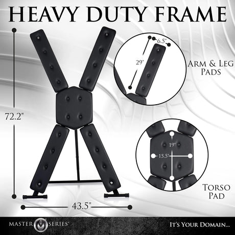 Master Series St Andrew's Cross Deluxe Black heavy duty frame with padded support and dimensions for play space.