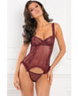 Rene Rofe Grand Finale 2pc Ruffle Teddy Burgundy M L showcased by a model, featuring ruffle detailing and a romantic design.