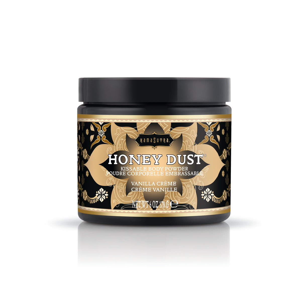 Kama Sutra Honey Dust Vanilla Creme 6 Oz, luxurious talc-free body powder in an elegant jar.