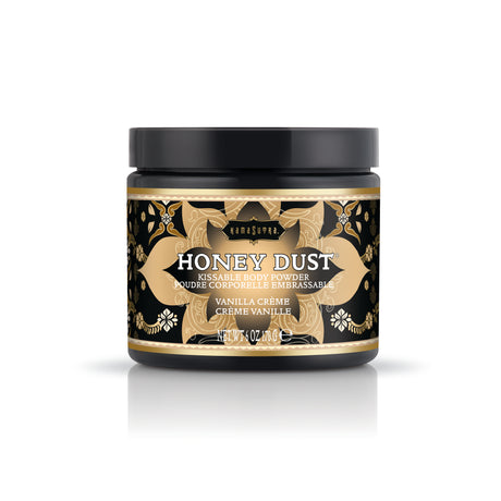 Kama Sutra Honey Dust Vanilla Creme 6 Oz, luxurious talc-free body powder in an elegant jar.