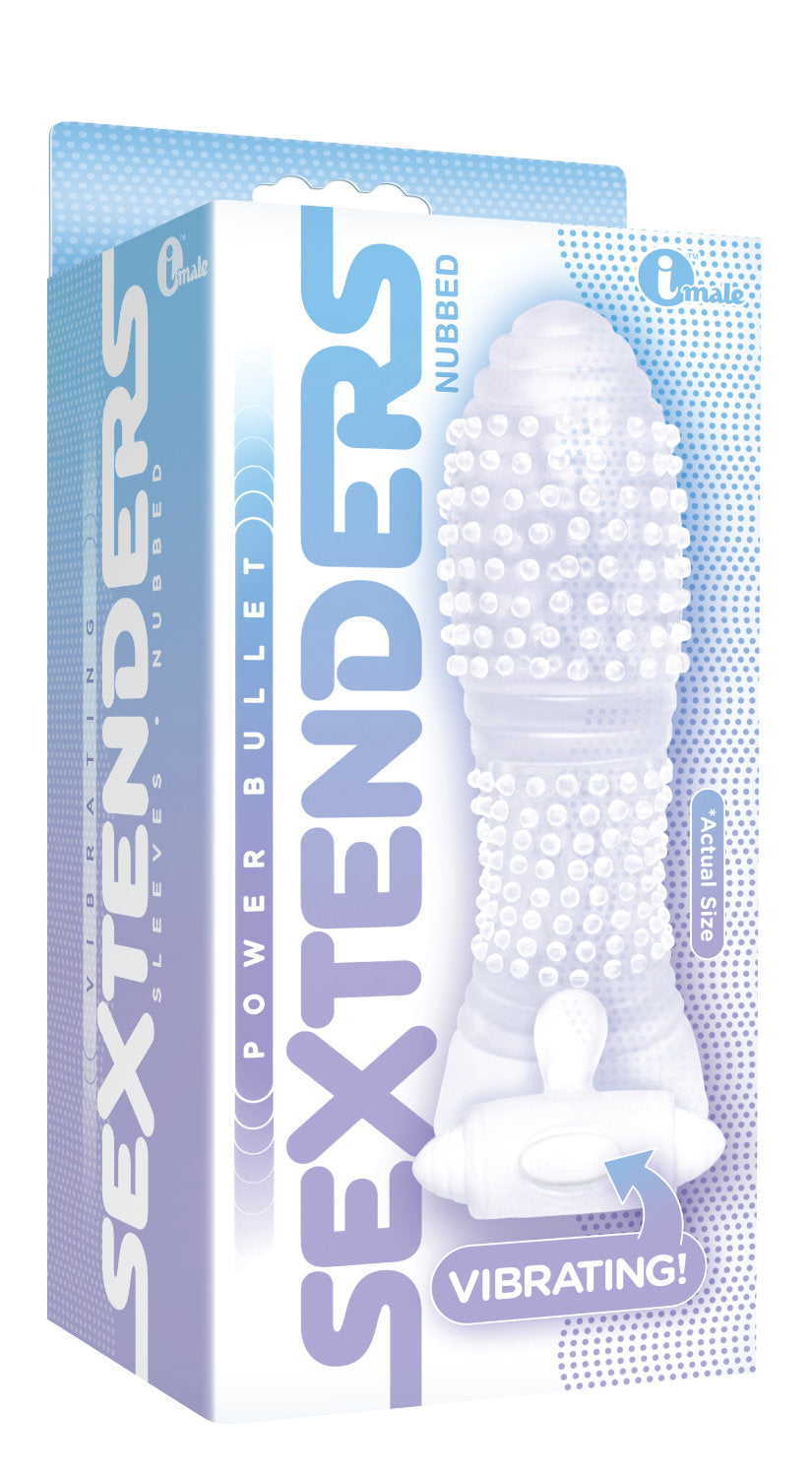 The 9's Vibrating Sextenders Nubbed Sleeve Clear packaging showcasing texture and vibrating feature.