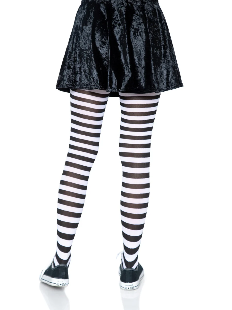 Leg Avenue Nylon Striped Tights Black White OS worn with a black skirt, showcasing the bold black and white striped pattern.