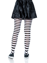 Leg Avenue Nylon Striped Tights Black White OS worn with a black skirt, showcasing the bold black and white striped pattern.