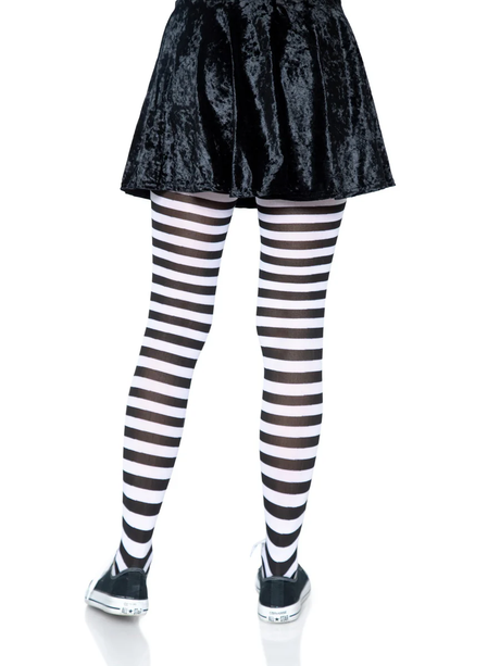 Leg Avenue Nylon Striped Tights Black White OS worn with a black skirt, showcasing the bold black and white striped pattern.