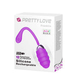 Pretty Love Franklin Rechargeable Egg Vibe Purple packaging showcasing its design and features including 12 functions of vibration.