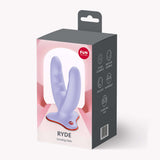 Fun Factory Ryde Dual Stimulation Dildo Purple packaging with ergonomic design for pleasure.