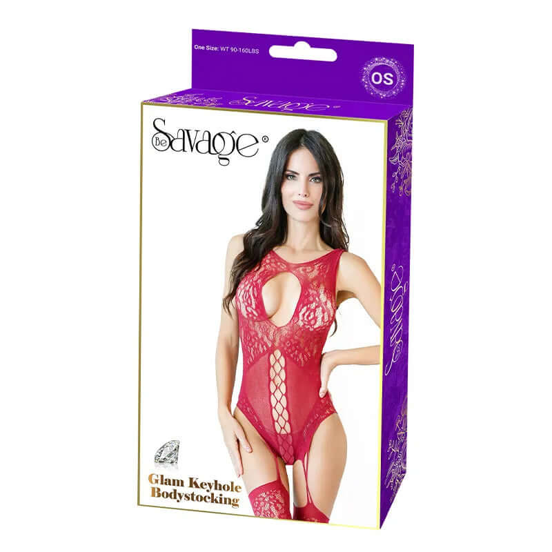 Be Savage Glam Keyhole Bodystocking Red packaging showcasing elegant bodystocking design. Perfect for daring looks.