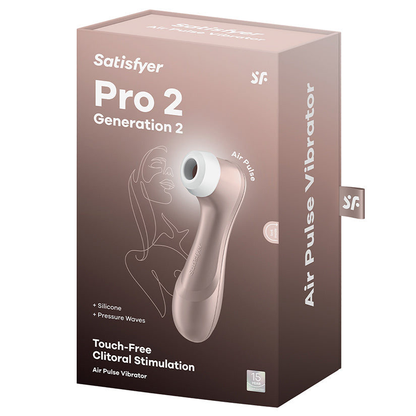 Satisfyer Pro 2 Generation 2 Air Pulse Stimulator Pink packaging showcasing its innovative design and touch-free clitoral stimulation.