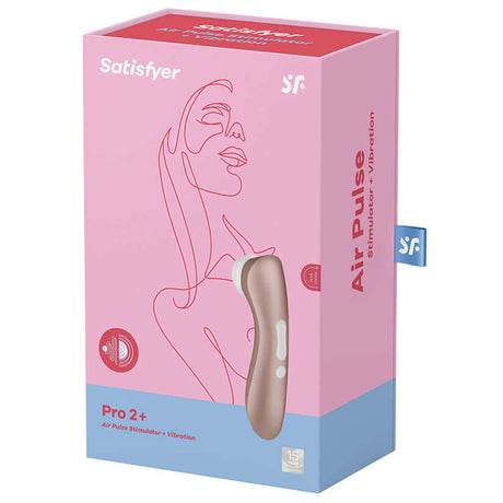 Satisfyer Pro 2+ Air Pulse Clitoral Stimulator Pink packaging highlighting features and design.